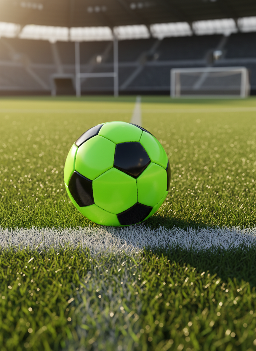 A glossy match-ready soccer ball with bold black and neon green panels resting on the crisp white center circle line of a pristine grass pitch. Individual blades of grass glisten with faint moisture, bending slightly under the ball’s weight. In the distance, a modern stadium’s tiered stands and goalposts fade into a soft photographic blur. Late afternoon golden-hour sunlight pours in from the side, creating a long, dramatic shadow and subtle highlights on the ball’s textured surface.