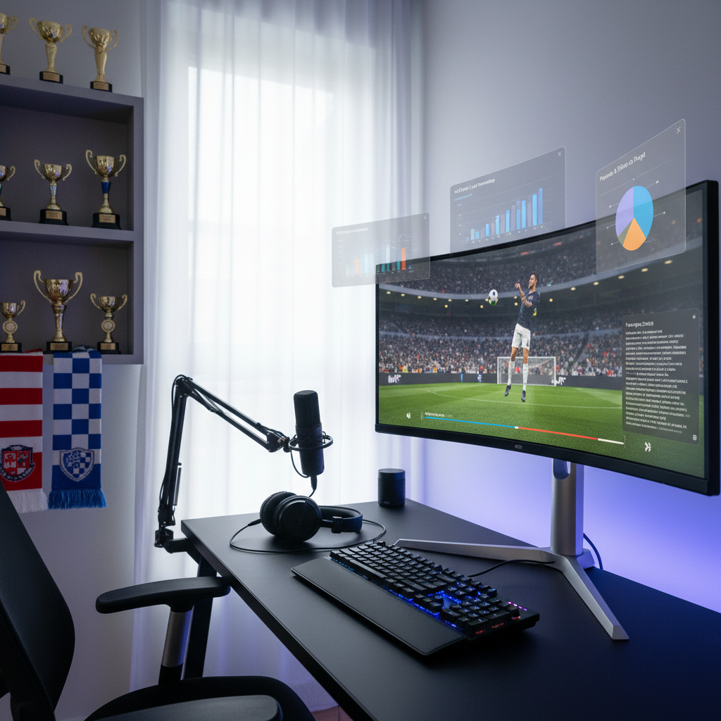 A sleek, modern home office corner dedicated to a soccer-obsessed blogger, featuring a large ultrawide monitor displaying a paused replay of a dramatic goal, with multiple analytics windows and xG charts surrounding it. A high-quality mechanical keyboard, microphone on an adjustable arm, and a pair of over-ear headphones rest neatly on a matte black desk. A small collection of miniature soccer trophies and scarves drapes over the edge of an adjacent shelf. Soft, diffused daylight from a nearby window mixes with the cool glow of LED backlighting, creating a balanced, photographic look. Shot at eye level with a slightly off-center composition, the mood is focused yet playful, perfect for regular, in-depth opinion pieces.